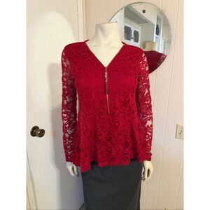 RARE Suzy Shier Red Lace Peplum Blouse Jewel Zipper Pull L